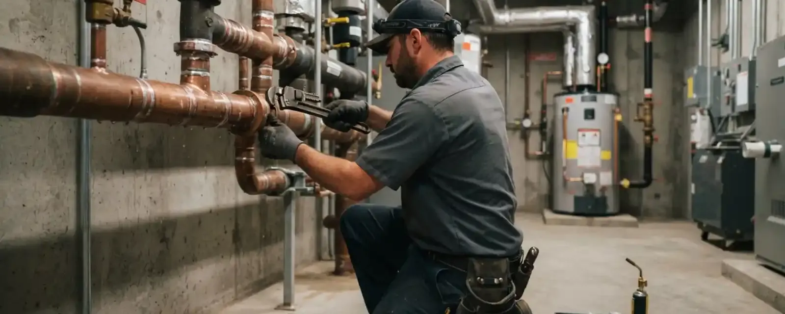 Plumber working on large pipes in a commercial mechanical room