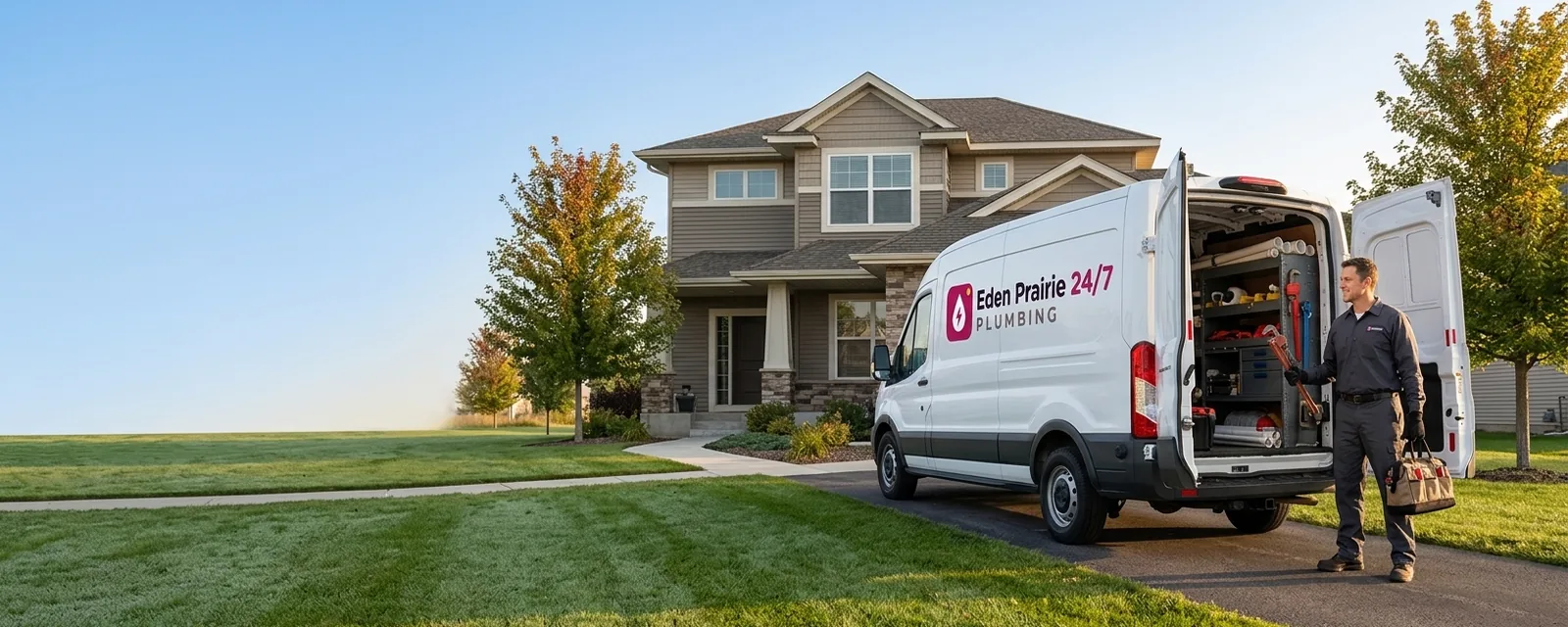 Eden Prairie 24/7 Plumbing service van and plumber outside a Minnesota home