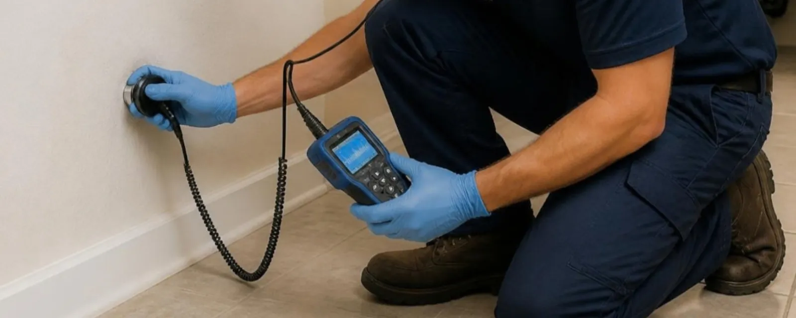 Technician using an electronic leak detector against a wall