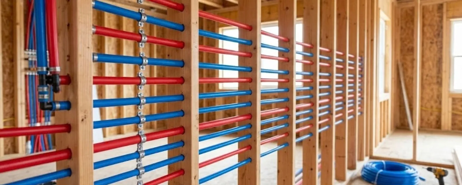 New red and blue PEX supply lines run through wall framing