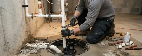 Plumber servicing a sump pump in a basement pit