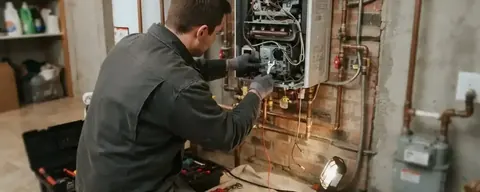 Technician repairing a residential boiler in a basement