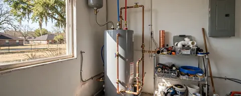 Tank water heater installed in a utility room with copper piping