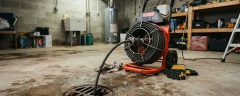 Drain machine and cable set up at a basement floor drain