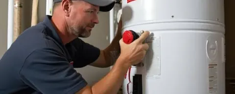 Plumber working on a new tank water heater