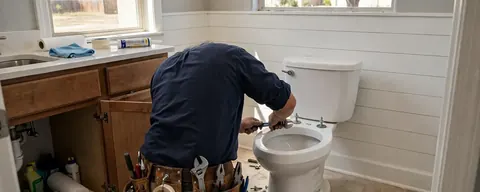 Plumber repairing a toilet in a home bathroom
