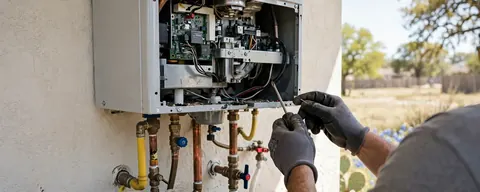 Technician servicing a wall-mounted tankless water heater