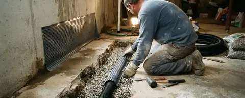 Worker installing an interior drain along a basement wall